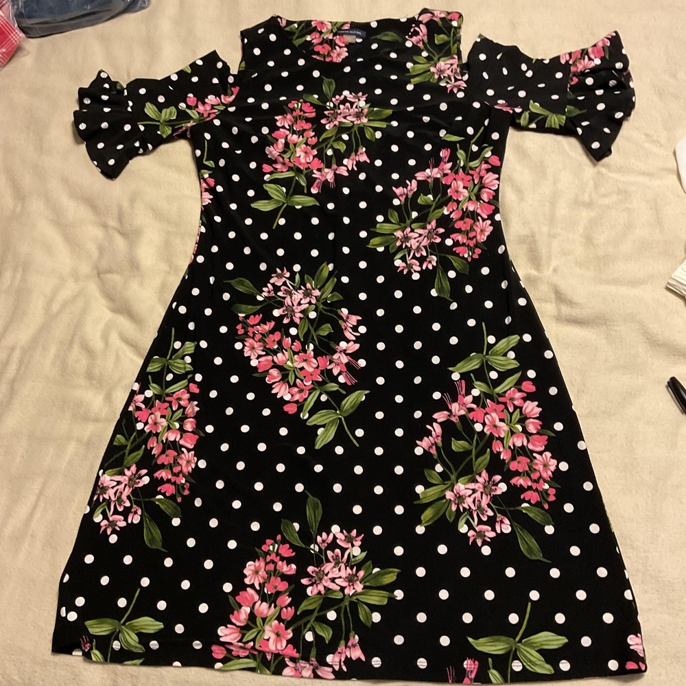 Tommy Hilfiger Dress Womens 8 Black Floral Polka Dot A-Line Jersey Knit Flutter